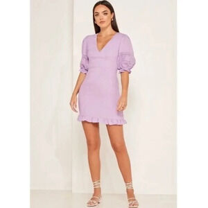 Foxiedox McKenna Lilac Purple Puff Sleeve Linen Mini Dress M